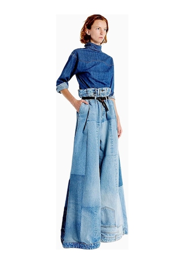 A.w.a.k.e. Mode Kadın Geniş Paça Denim Yama Detaylı Jean Pantolon Mavi