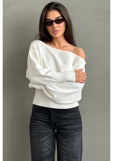 Madmext Ekru Ribbed Asimetrik Kesimli Kadın Kazak Mg2744