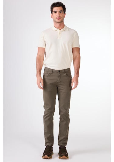 Dufy Haki 5 Cep Düz Renk Slim Fit Erkek Pantolon Haki