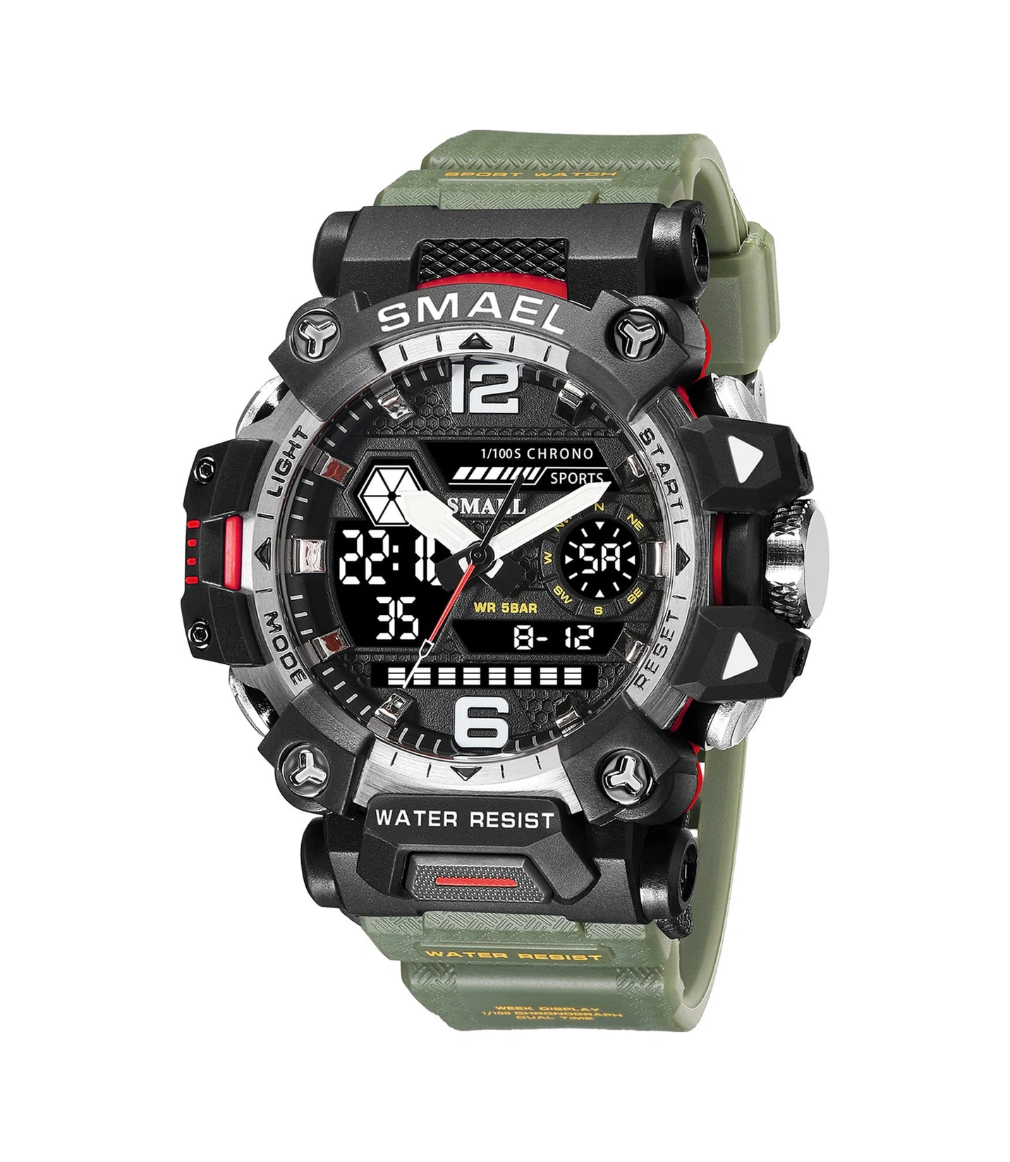 Geeroyoo Erkekler İçin Smael 8072 Askeri Stili Kronograf Alarm Stopwatch Sert Çarpıma Dayanıklı 3atm Su Geçirmez Led Işıklı Dış Mekan Kol Saati