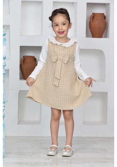 Kız Çocuk Şanel Kumaş 2'li Elbise Elbise+bady Bluz 12174 KREM