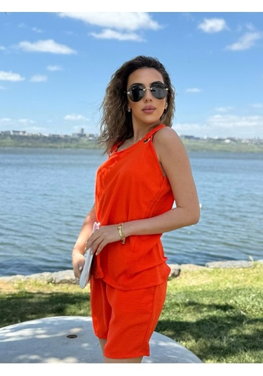 Modaserdem Kadın Kolsuz V Yaka Kuş Gözü Detay Bluz Short Aerobin Ikili Takım Turuncu