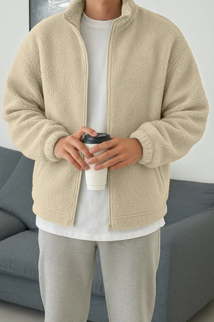 Ghassy Co. Erkek Isı Termal İç Dış Sherpa Sonbahar Kış Tam Fermuarlı Peluş Polar Sweatshirt Taş