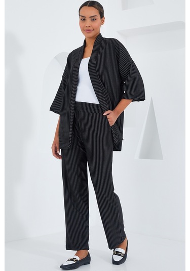 Bigdart 6661 Kadın Çizgili Kimono İkili Takım - Siyah 001