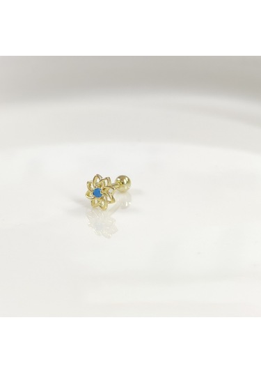Mavi Taşlı Yıldız Çiçek Gümüş Tragus Pıercıng - Altın Sarı Beyaz