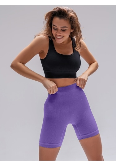 Mistirik Dublin Model Yüksek Bel Fitilli Seamless Biker Şort Lila Renk027 Lila