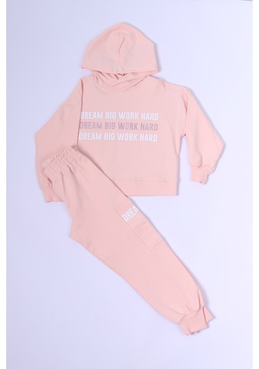 Kız Çocuk Kapşonlu Eşofman Takımı Baskılı Ribanalı C38 Yavruağzı