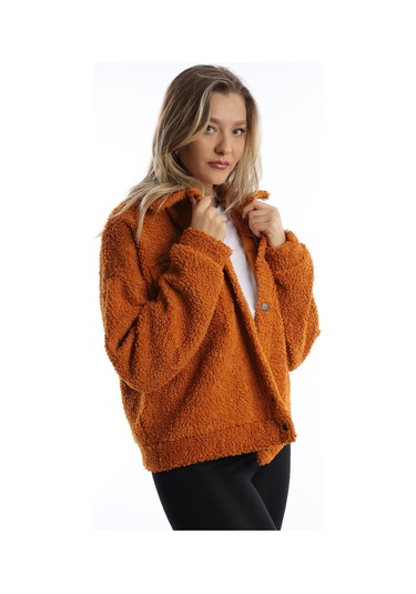 Kadın Çıt Çıt Kapamalı Kıvırcık Peluş Ceket Tarçın