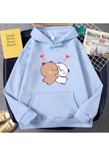 Açık Mavi Kawaii Hoodie Panda Ayı Karikatür Bubu Dudu Baskı Kız Büyük Boy Kazak İlkbahar/sonbahar Açık Mavi Uzun Kollu Cep Tops Açık Mavi