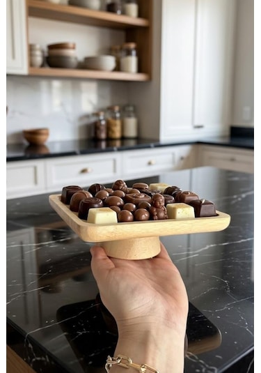 Atbyhome Doğal Ahşap Kare Ayaklı Sunumluk İkramlık Stand 17x17 Cm