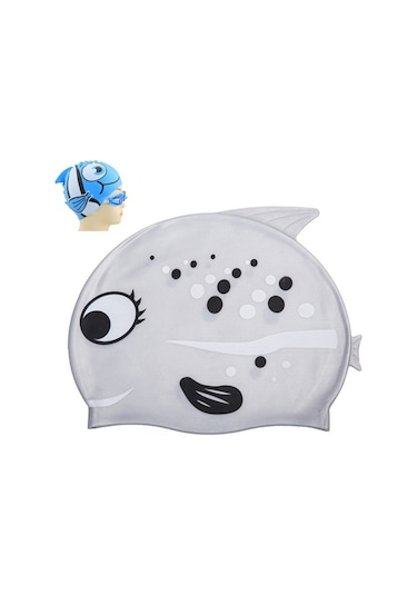 Kulak Koruma Küçük Balık Desenli Dalış Şapkası Çocuk Silikon Yüzme Şapkası E Gri