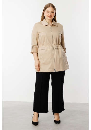 Ekol Kadın Büyük Beden Beli Lastikli Fermuarlı Trenç 7544 Taş Taş