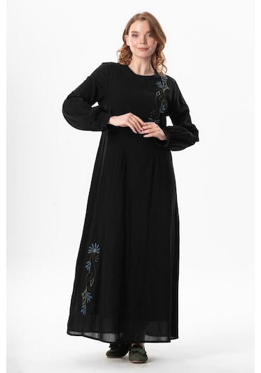 Uzun Kol Şile Bezi Gülşah Bisiklet Yaka Nakışlı Uzun Yazlık Elbise Siyah Syh Siyah