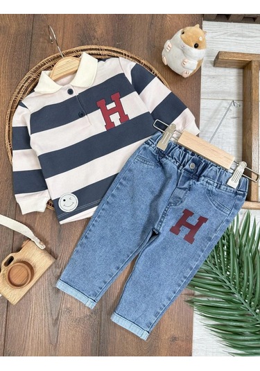 Şerit Çizgili Detaylı Likralı Polo Yaka Erkek Bebek Takım Lacivert
