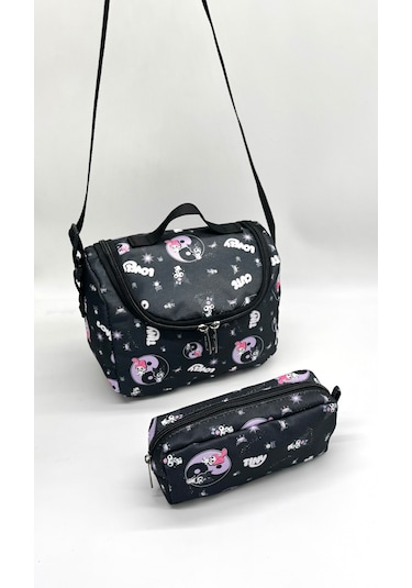 Sevimli Karakter Desenli Beslenmeli İlkokul Çanta Seti Siyah
