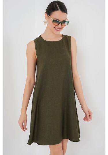 Defymoda 2444 Mini Keten Elbise - Haki Haki