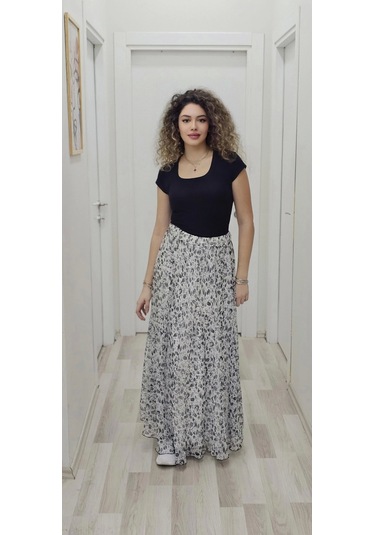 Bel Lastikli Kloş Şifon Etek 6003-beyaz/siyah Beyaz/siyah Beyaz - Siyah