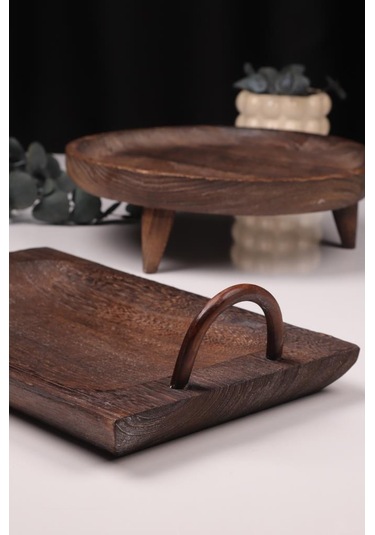 Bambum 2 Parça Pavlonya Elegant Ahşap Sunum Ve Servis Seti Kulplu Dikdörtgen Ve Yuvarlak Servis Tabakları Ahşap
