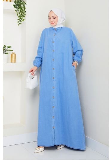 Ziyer Boydan Düğmeli Kot Elbise 1498 - Mavi Mavi