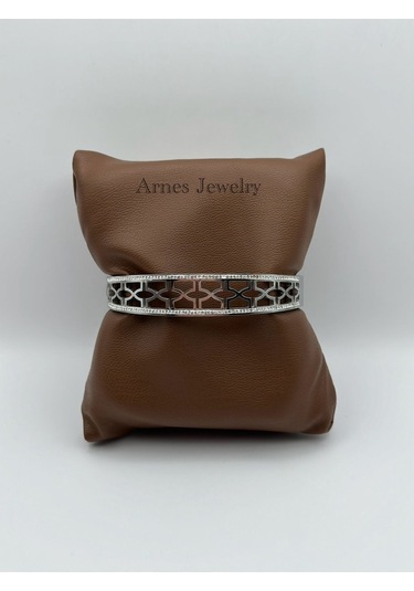 Arnes Jewelry Çelik Silver Zirkon Taşlı Kelepçe Bileklik Ar14 Silver