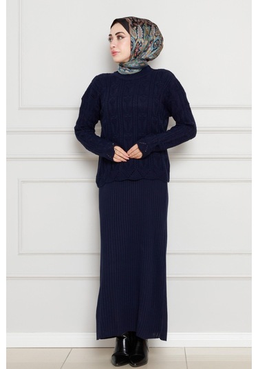 Dantel İşlemeli Jileli Triko Takım-lacivert-4436 Lacivert