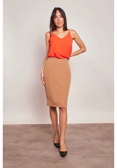 Astarlı Yüksek Bel Diz Altı Hafif Likralı Yırtmaçlı Kumaş Ofis Kalem Etek-camel CAMEL