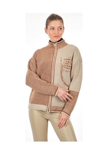 Unique Mode Dik Yaka Yazılı Uzun Kollu Karamel Kadın Hırka UW2310 Karamel