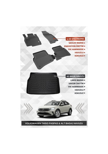 Sahler Volkswagen Taigo 2021+ Uyumlu 4.5d Premium Havuzlu Paspas Ve Liner Marka 3d Alt Bagaj Havuzu