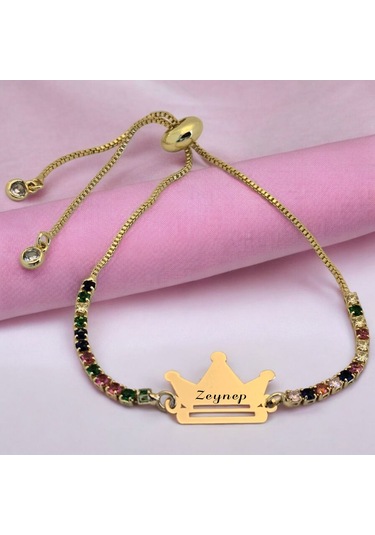 Zeynep İsmine Özel 14 Ayar Altın Plakalı Renkli Taş Desenli Taç Motifli Hediye Bileklik-489isim Zeynep