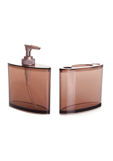 Oval Sivi Sabunluk Diş Fırçalik 2 Li Banyo Seti Kahverengi Akrili Kahve