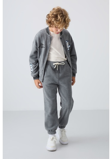 Tommy Life Gri Melanj Kalın Yumuşak Dokulu Standart Fit Nakışlı Polar Erkek Çocuk Eşofman Alt - 11220 Gri Melanj
