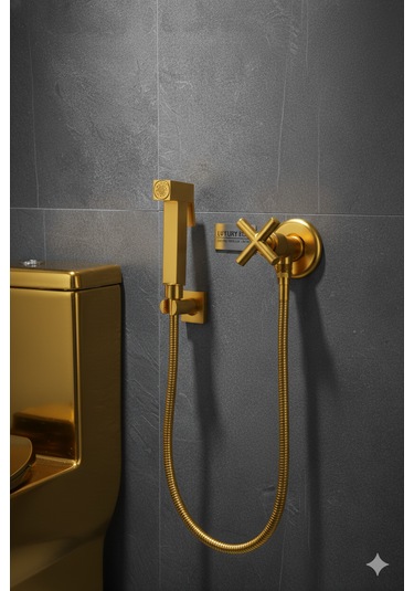 00-51 Pirinç Tabancalı Wc Taharet Matik Ve Pirinç Ara Musluğu Siyah Gold Krom Antik Altın