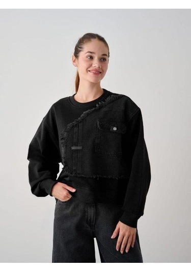 Kız Çocuk Mevsimlik Önü Denim Garni Cepli 3 İplik Sweatshirt-14773 Siyah