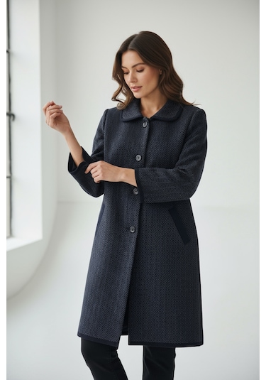 Kadın Önü Düğmeli Cepli Yakalı Kalın Triko Hırka Lacivert