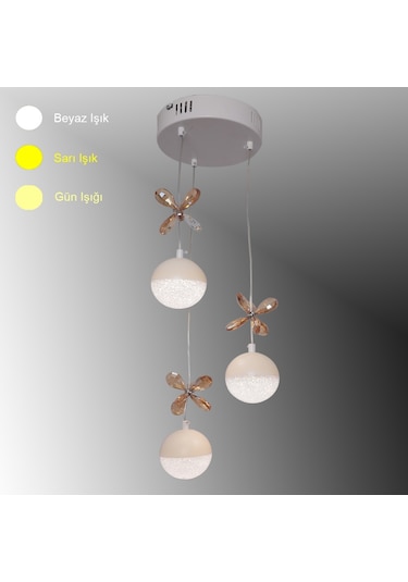 Tt Aydınlatma Kelebektoplu Model Matbeyaz 3 Lü 3 Renkli Led Avize Beyaz
