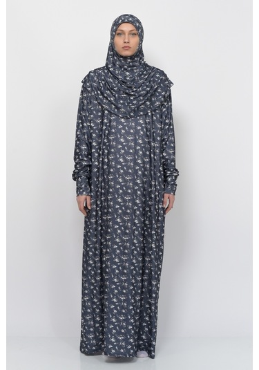 Pratik Tek Parça Çiçek Desenli Kollu Tak Çıkar Başörtülü Likralı Tesettür Namaz Elbisesi 990-0201 Siyah Antrasit