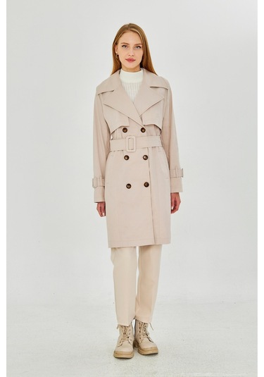 Pastelastore Esnek Pamuk Gabardin Midi 95cm Astarsız Kadın Trençkot 1118 Taş Rengi Taş