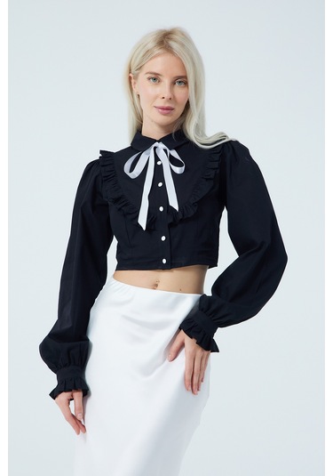 Fiyonk Fırfır Detaylı Poplin Gömlek Siyah