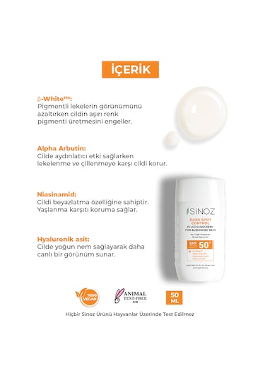 Sinoz Koyu Cilt Lekelerine Etkili Sıvı Yüz Güneş Kremi Hibrit Formül PA++++ SPF50+ 50 ML