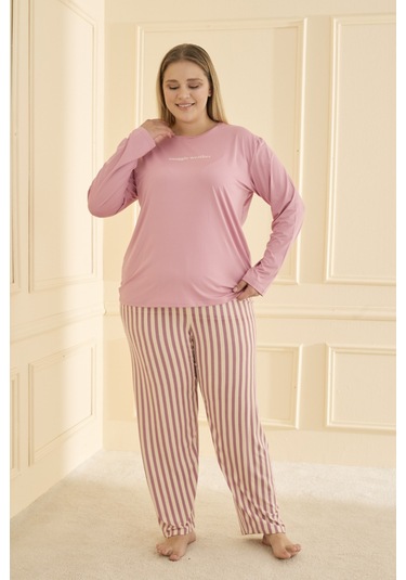 Mihra Kadın Pijama Takımı Büyük Beden & Battal Uzun Kol Pembe