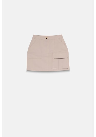 Thalure Kadın Bej Cepli Gabardin Mini Etek Bej