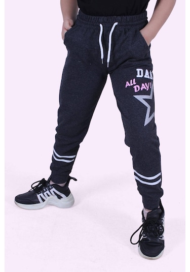 Yıldız Detaylı Yazı Baskılı Kız Çocuk Eşofman Altı Füme