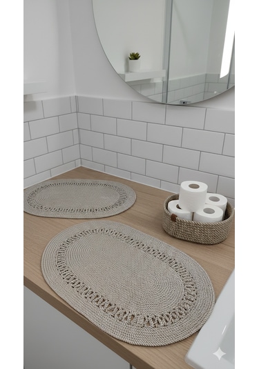 Üçlü Banyo Seti 2 Paspas- 1 Organizer Sepet Jüt İp Ekru - Hardal