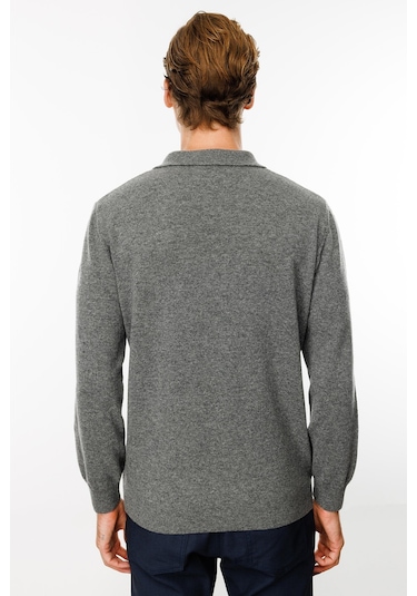 Desen Triko Erkek Polo Yaka Önü Baklava Desenli Yün Kazak 24513 Füme Füme