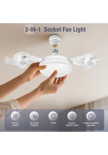 Boatshop1 Üç Beyaz Fan Led Akıllı Tavan Fanı Lambası E27 E26 Soket Uzaktan Kumanda Ayarlanabilir Parlaklık 3 Hız Yatak Oturma Çalışma Odası