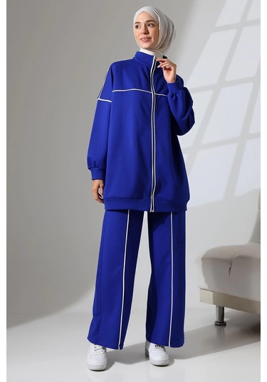 Kadın Saks Mavisi Mevsimlik Penye Alt Üst Spor Ve Rahat Tesettür Takım Saks Mavisi