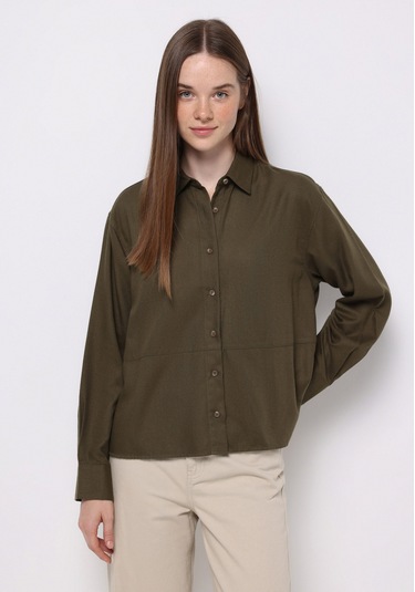 Colins Relax Fit Shirt Neck Düz Kadın Yeşil Uzun Kol Gömlek Cl1077319 Q1.v1 Kha Haki