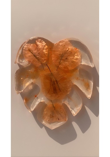 Turuncu Renk Begonvil Süslü Yaprak Desen Epoksi Bardak Altlığı Şeffaf