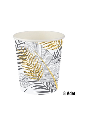 Roll Up Karton Bardak Altın Simli Yapraklar Beyaz
