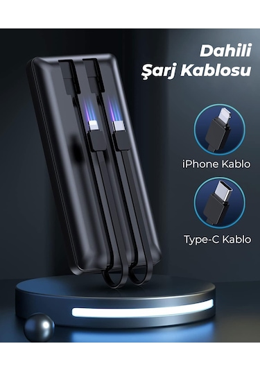 Woyax Dahili Type-C ve Lightning Kablolu 10000mAh Powerbank 22.5W Hızlı Led Ekranlı Taşınabilir Şarj Cihazı